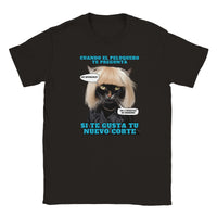 Camiseta júnior unisex estampado de gato "El Desastre Peluquero" Negro
