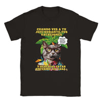Camiseta unisex estampado de gato "Vacaciones Clandestinas" Negro