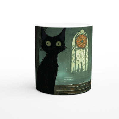 Taza Blanca con Impresión de Gato "Guardián Gótico" Michilandia | La tienda online de los fans de gatos