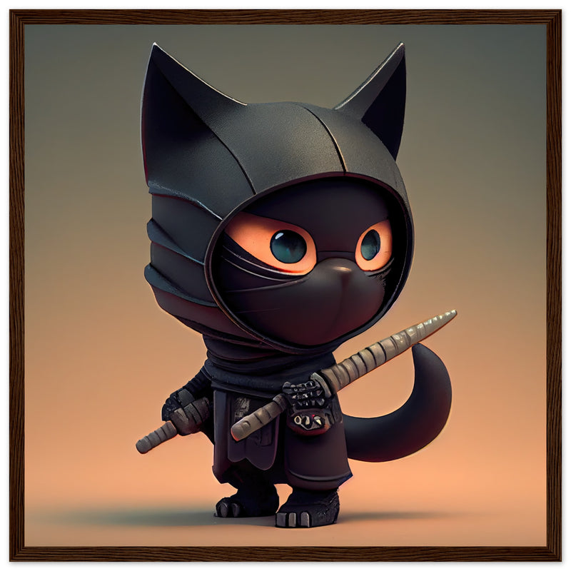 Póster semibrillante de gato con marco de madera "Gato Shinobi" Gelato