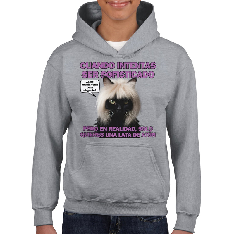 Sudadera con capucha júnior estampado de gato "Elegancia Gatuna" Michilandia | La tienda online de los fans de gatos