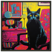 Póster semibrillante de gato con marco de madera "Gato Negro en un Salón"