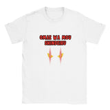 Camiseta unisex estampado de gato "Mirada Letal: Omae wa mou shindeiru" Blanco