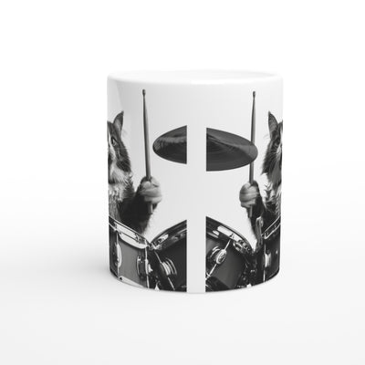 Taza Blanca con Impresión de Gato "Batería Gatuna" Michilandia | La tienda online de los fans de gatos