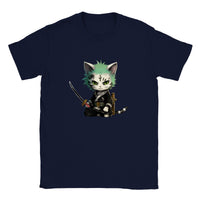Camiseta unisex estampado de gato "Ronroneo Zoro: El Espadachín Felino"