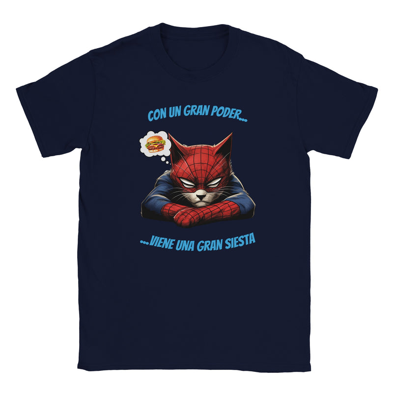 Camiseta júnior unisex estampado de gato "Spider-Siesta" Michilandia | La tienda online de los amantes de gatos