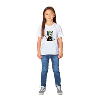 Camiseta júnior unisex estampado de gato "Ronroneo Zoro: El Espadachín Felino"