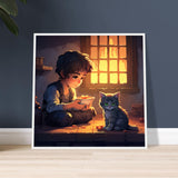 Póster semibrillante de gato con marco de madera "Niño Alimentando a su Michi"