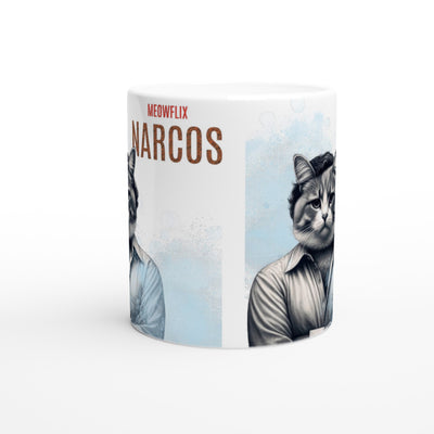 Taza Blanca con Impresión de Gato "Narcogato" Michilandia | La tienda online de los fans de gatos