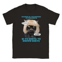 Camiseta unisex estampado de gato "El Desastre Peluquero" Negro