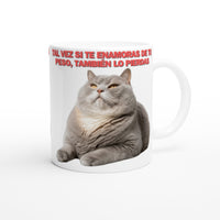 Taza Blanca con Impresión de Gato "Gordito Pensante" Michilandia | La tienda online de los fans de gatos