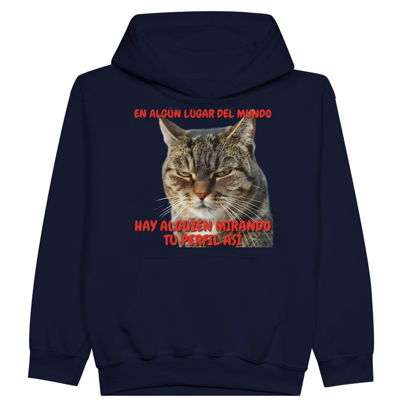 Sudadera con capucha júnior estampado de gato "Mirada Inquisitiva" Michilandia | La tienda online de los fans de gatos