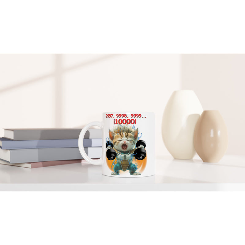 Taza Blanca con Impresión de Gato "Saiyajin Fitness" Michilandia | La tienda online de los fans de gatos