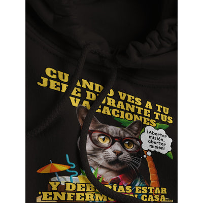 Sudadera con capucha unisex estampado de gato "Vacaciones Clandestinas" Michilandia | La tienda online de los amantes de gatos