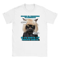 Camiseta unisex estampado de gato "El Desastre Peluquero" Blanco