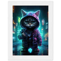 Póster semibrillante de gato con marco de madera "Munchkin Gángster Cyberpop"