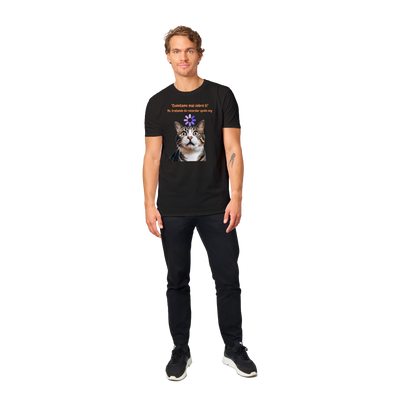 Camiseta unisex estampado de gato "Cuéntame más sobre ti" Gelato