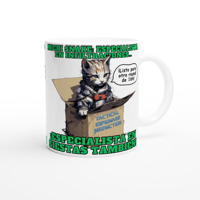 Taza blanca con impresión de gato "Misión de Michi Snake" Michilandia | La tienda online de los amantes de gatos