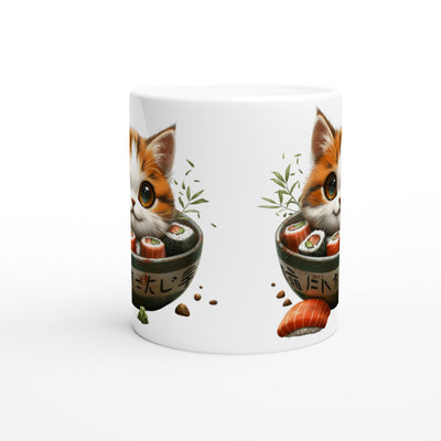 Taza Blanca con Impresión de Gato "Sushi y Ronroneos" Michilandia | La tienda online de los fans de gatos