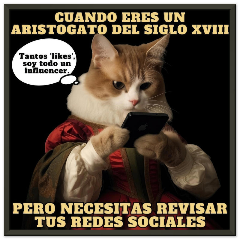 Póster Semibrillante de Gato con Marco Metal "Aristogato Conectado" Michilandia | La tienda online de los fans de gatos