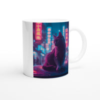 Taza Blanca con Impresión de Gato "Callejón de Neón" Michilandia | La tienda online de los fans de gatos