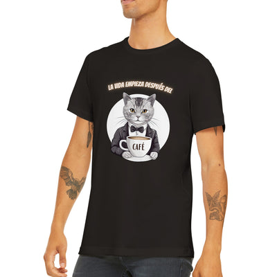 Camiseta unisex estampado de gato "La vida empieza después del café" Gelato