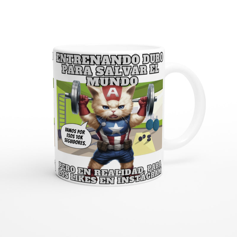 Taza Blanca con Impresión de Gato "Michi America Fitness" Michilandia | La tienda online de los amantes de gatos