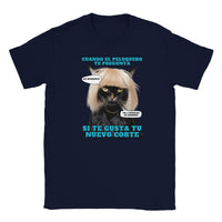 Camiseta júnior unisex estampado de gato "El Desastre Peluquero" Navy