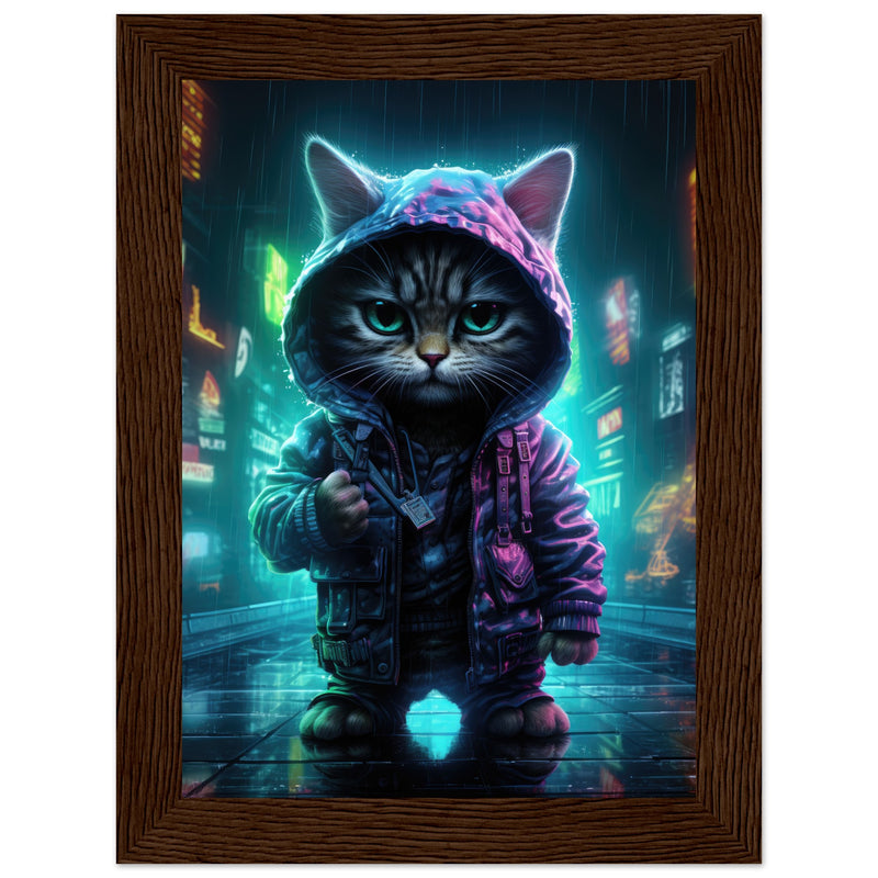 Póster semibrillante de gato con marco de madera "Munchkin Gángster Cyberpop" Gelato