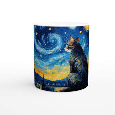 Taza Blanca con Impresión de Gato "Michi en la Noche Estrellada" Michilandia | La tienda online de los fans de gatos