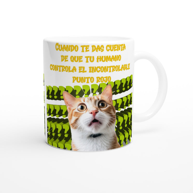 Taza blanca con impresión de gato "Revelación del Punto Rojo" Gelato