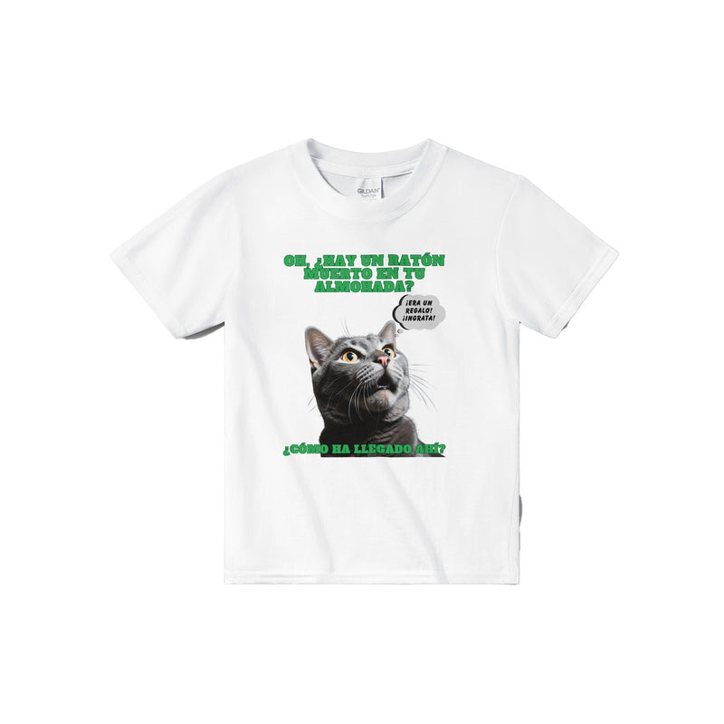 Camiseta júnior unisex estampado de gato "Regalo Sorpresa" Michilandia | La tienda online de los amantes de gatos