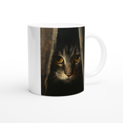 Taza Blanca con Impresión de Gato "Mirada Oculta" Michilandia | La tienda online de los fans de gatos