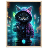 Póster semibrillante de gato con marco de madera "Munchkin Gángster Cyberpop"