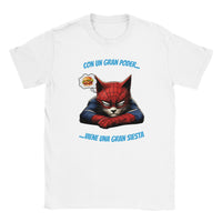 Camiseta júnior unisex estampado de gato "Spider-Siesta" Michilandia | La tienda online de los amantes de gatos