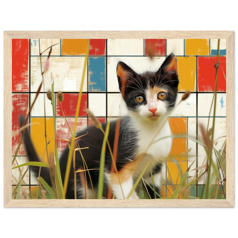 Póster de gato con marco de madera "Contrastes de Mondrian" Michilandia | La tienda online de los fans de gatos