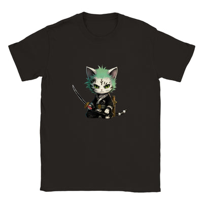 Camiseta júnior unisex estampado de gato "Ronroneo Zoro: El Espadachín Felino" Michilandia | La tienda online de los amantes de gatos