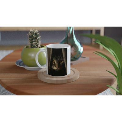 Taza Blanca con Impresión de Gato "Mirada Oculta" Michilandia | La tienda online de los fans de gatos