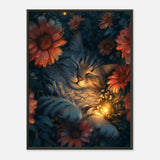 Póster Semibrillante de Gato con Marco Metal "Noche Floral Felina" Michilandia | La tienda online de los fans de gatos