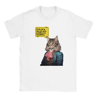 Camiseta unisex estampado de gato "Nicolás Michi Maquiavelo" Blanco