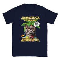 Camiseta unisex estampado de gato "Vacaciones Clandestinas" Navy