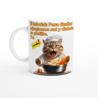 Taza Blanca con Impresión de Gato "Chef en Apuros" Michilandia | La tienda online de los fans de gatos