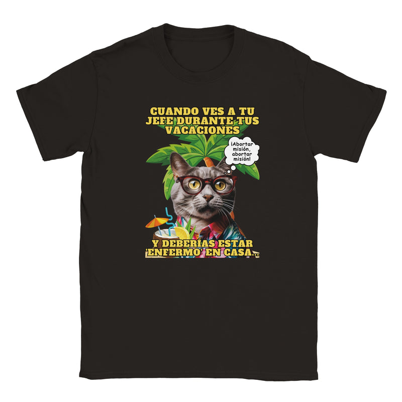 Camiseta júnior unisex estampado de gato "Vacaciones Clandestinas" Michilandia | La tienda online de los amantes de gatos