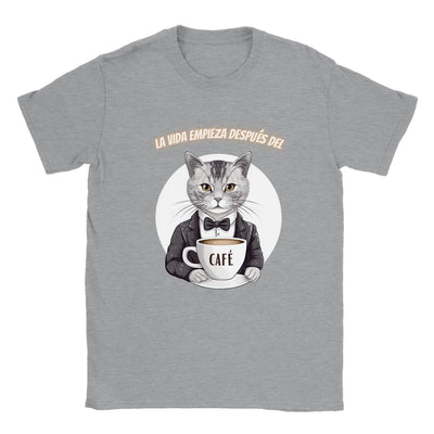 Camiseta unisex estampado de gato "La vida empieza después del café" Gelato