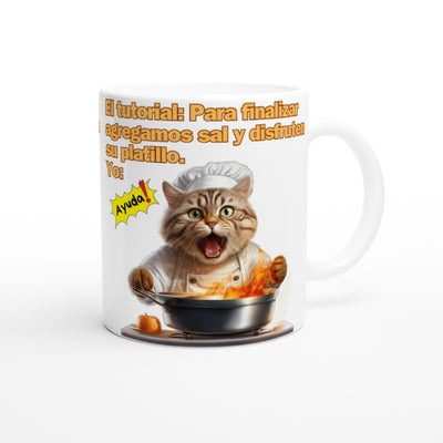 Taza Blanca con Impresión de Gato "Chef en Apuros" Michilandia | La tienda online de los fans de gatos