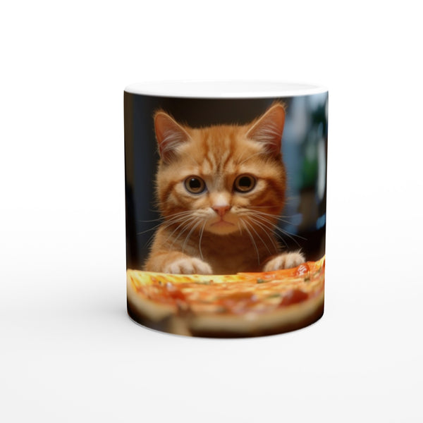 Taza blanca con impresión de gato "Esperando mi Pizza"