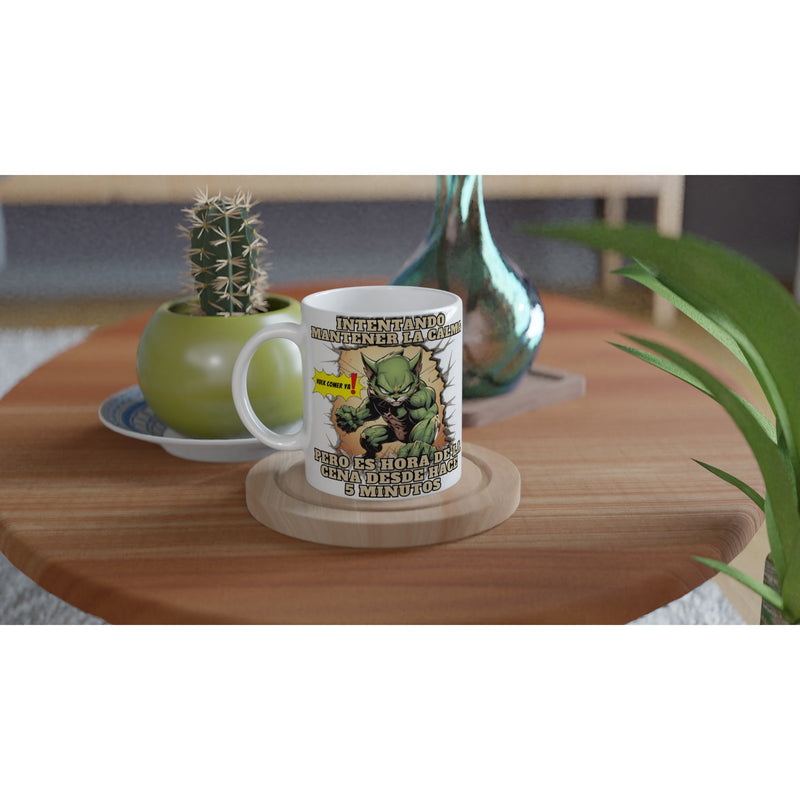 Taza Blanca con Impresión de Gato "Hulk comer ya" Michilandia | La tienda online de los amantes de gatos