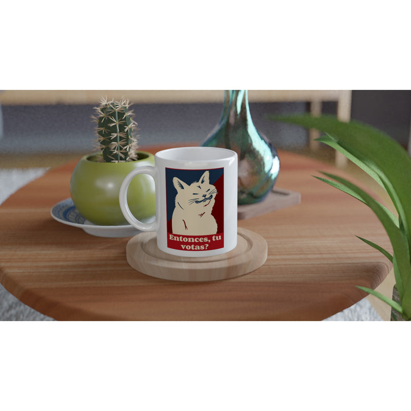 Taza Blanca con Impresión de Gato "Miau de Votante" Michilandia