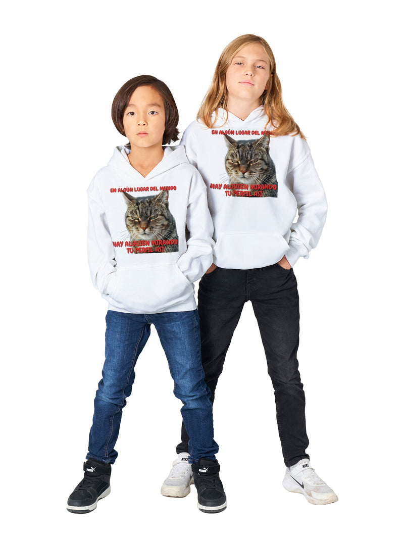 Sudadera con capucha júnior estampado de gato "Mirada Inquisitiva" Michilandia | La tienda online de los fans de gatos