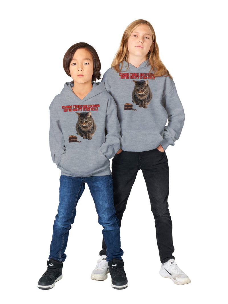 Sudadera con capucha júnior estampado de gato "Fit o Feliz" Michilandia | La tienda online de los fans de gatos